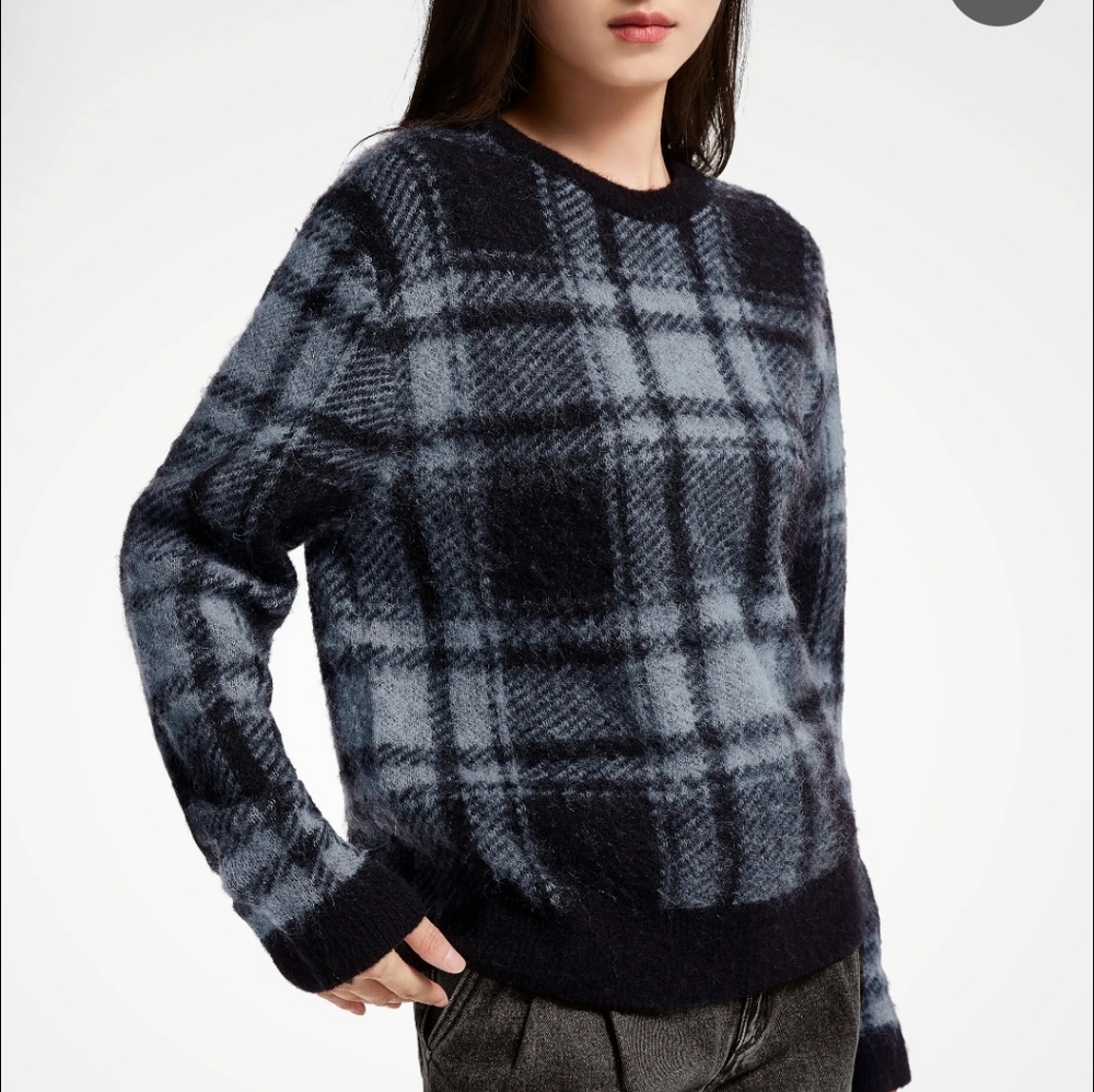 Michael Kors Collection Women's Sweater Blue Tartan Mohair Plaid